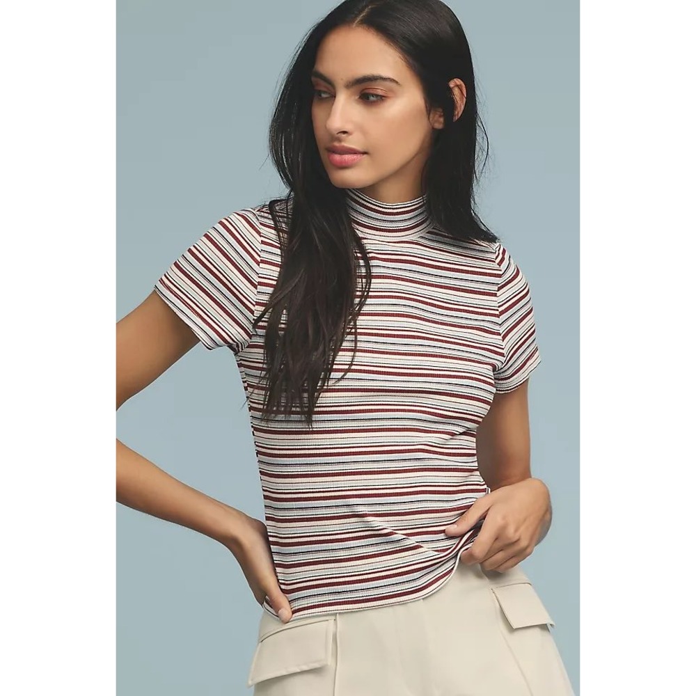 Maeve Anthropologie The Blair Baby Tee Striped Mock Neck Ribbed Top Size Small